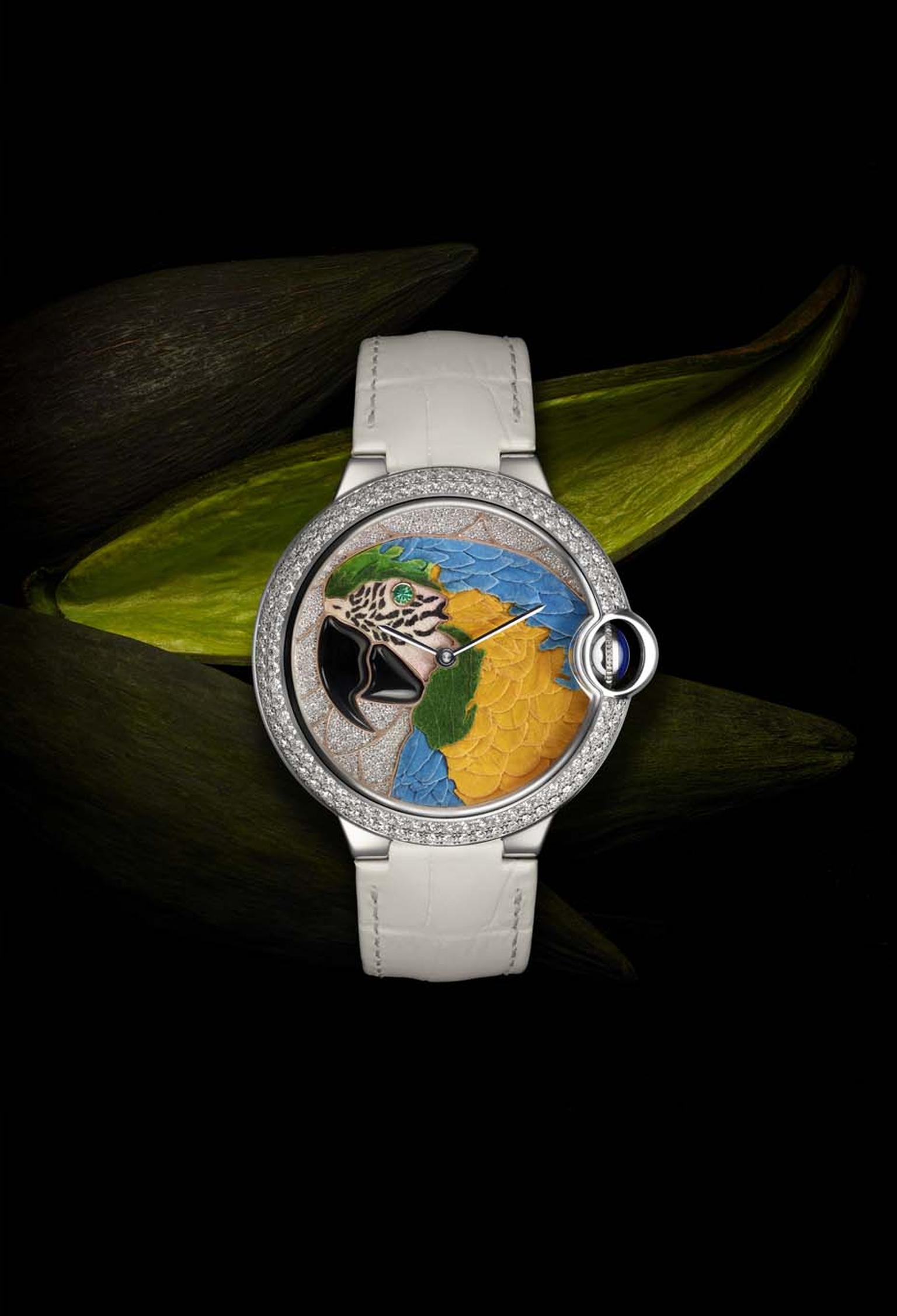 Cartier's Ballon Bleu de Cartier Floral-Marquetry Parrot with diamonds