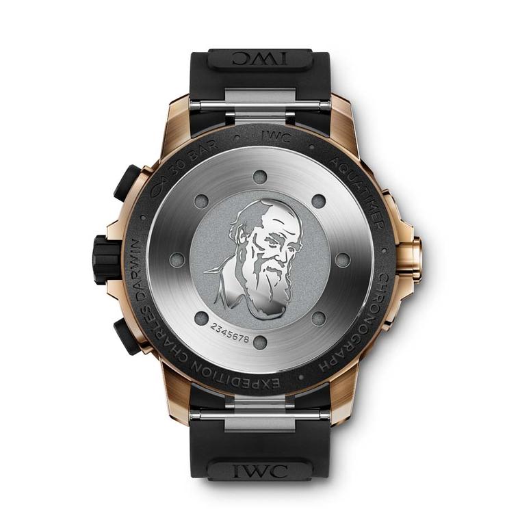 The reverse of IWC's Aquatimer Expedition Charles Darwin Chronograph Edition is engraved with a portrait of Darwin.