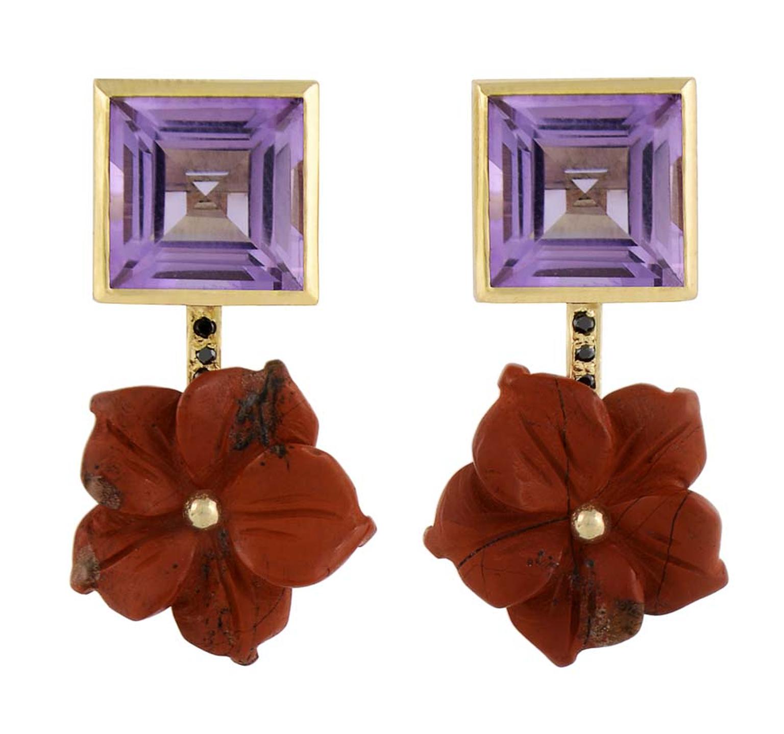 Tessa Packard yellow gold Chinatown earrings featuring black diamond, amethyst and carved red jasper flowers
