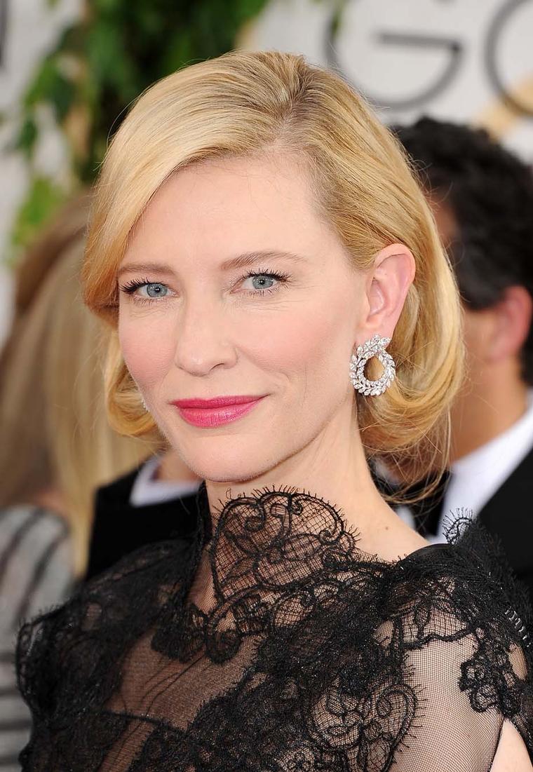 Cate Blanchett previewed a pair of Green Carpet Collection earrings by Chopard at the Golden Globes 2014 - the fruit of a collaboration with Livia Firth's Eco-Age