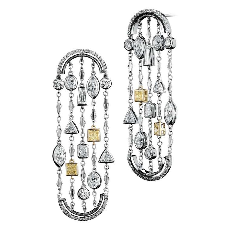 Alexandra Mor limited edition sautoir earrings with 22 brilliant, radiant, oval, marquise, trillion-cut and baguette fancy-shaped diamonds, complimented by four yellow princess-cut diamonds.