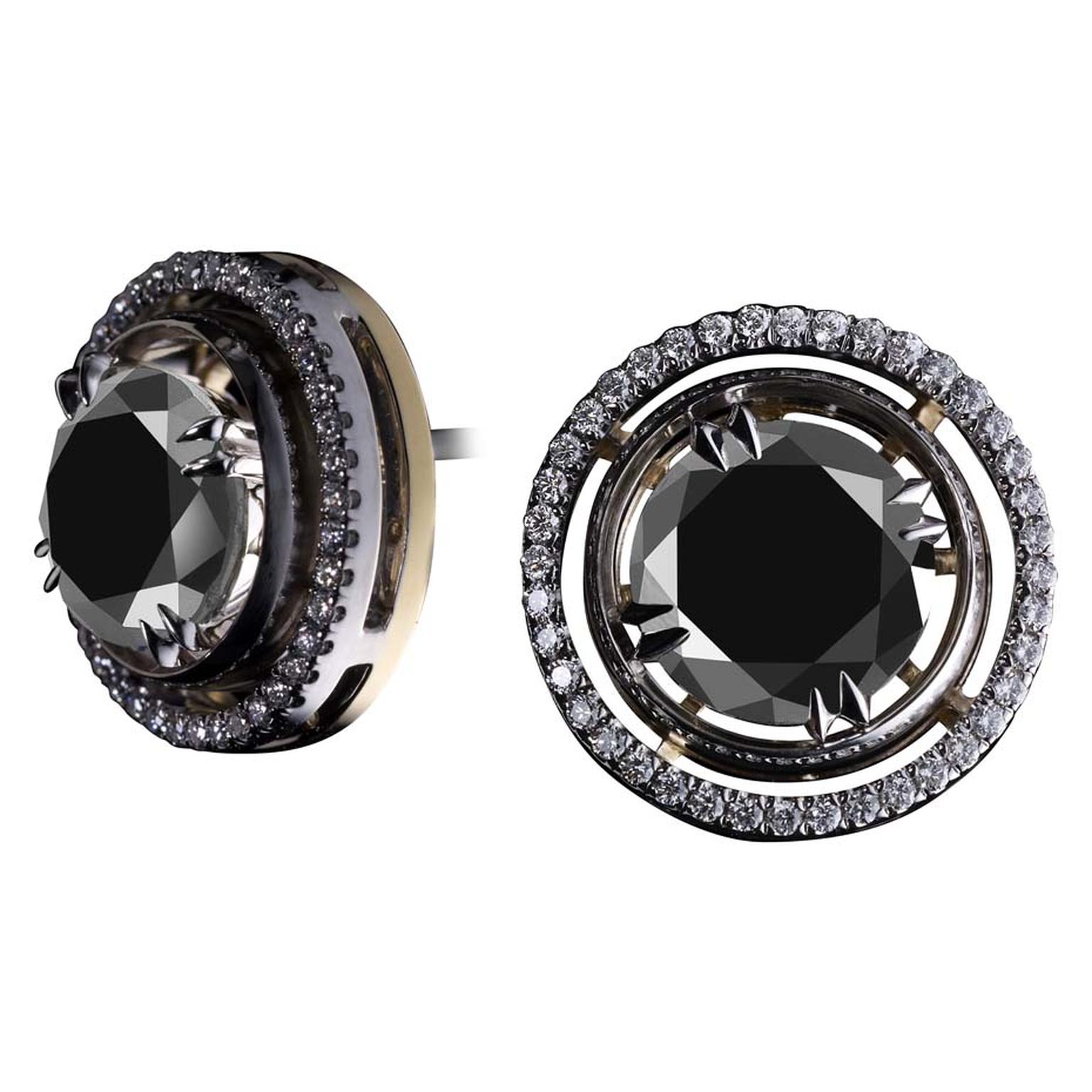 Alexandra Mor's limited edition black diamond stud earrings are available in yellow or white gold, encircled by round diamonds.
