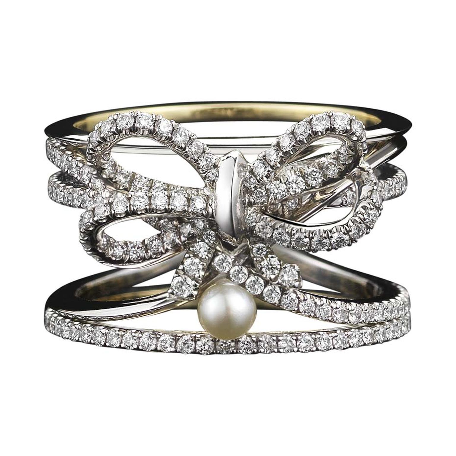 Limited edition Alexandra Mor diamond bow and pearl ring set with knife-edged wire and ‘floating’ diamond melee.