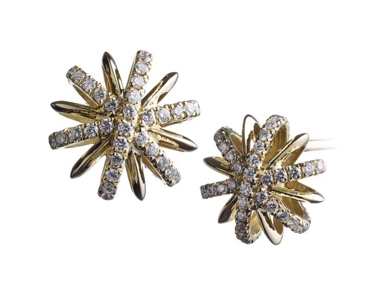 Alexandra Mor limited edition yellow gold Snowflake stud earrings set with 5ct diamonds.