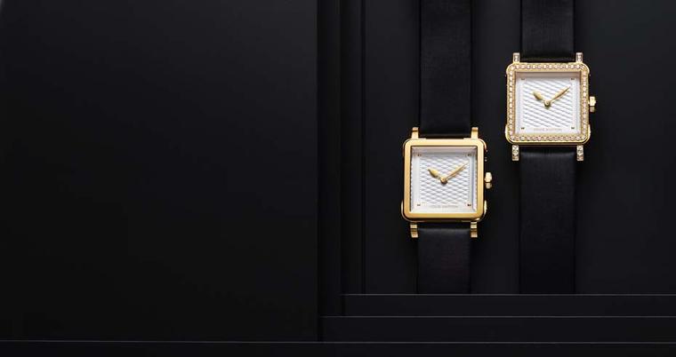 Louis Vuitton Emprise watch in yellow gold, with or without 76 diamonds surrounding a silver opalescent dial with a padded grosgrain strap.