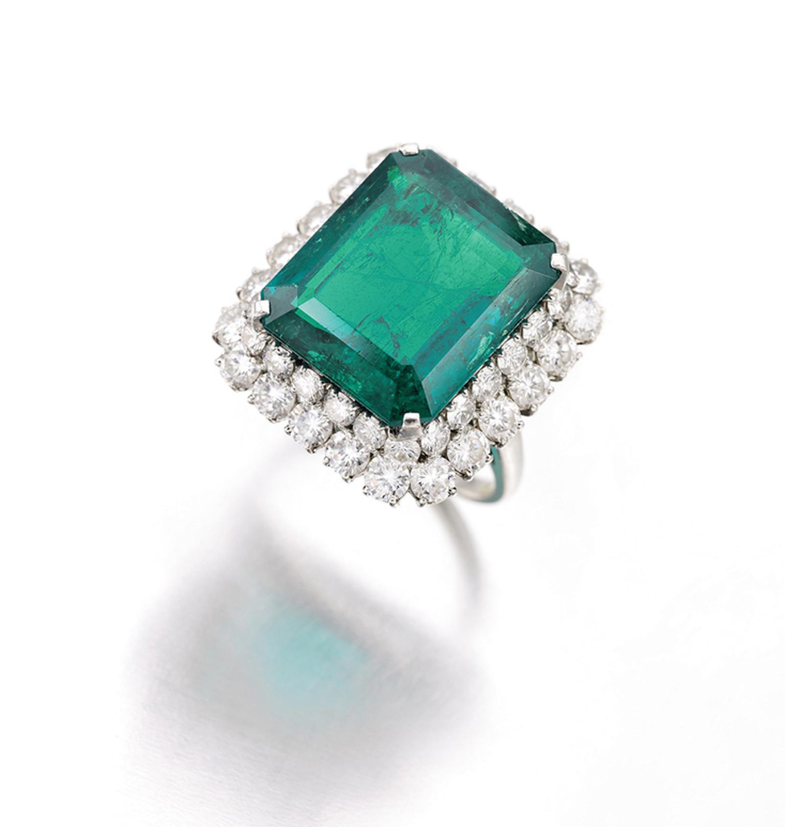 An emerald and diamond ring by Bulgari, circa 1964, set with a 16.62ct step-cut emerald, that belonged to Gina Lollobrigida. It sold for CHF 173,000 at Sotheby's Geneva in May 2013.
