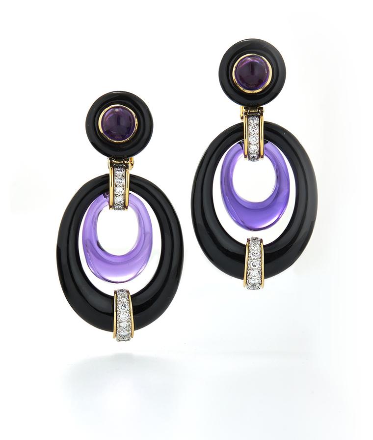 The colourful David Webb earrings worn by Jennifer Garner at the Screen Actors Guild Awards 2014, with onyx, amethyst and diamonds