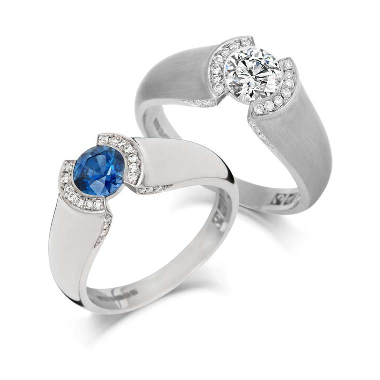 Jessica Poole diamond and sapphire engagement rings in Fairtrade gold, available exclusively at Olive & Reg.