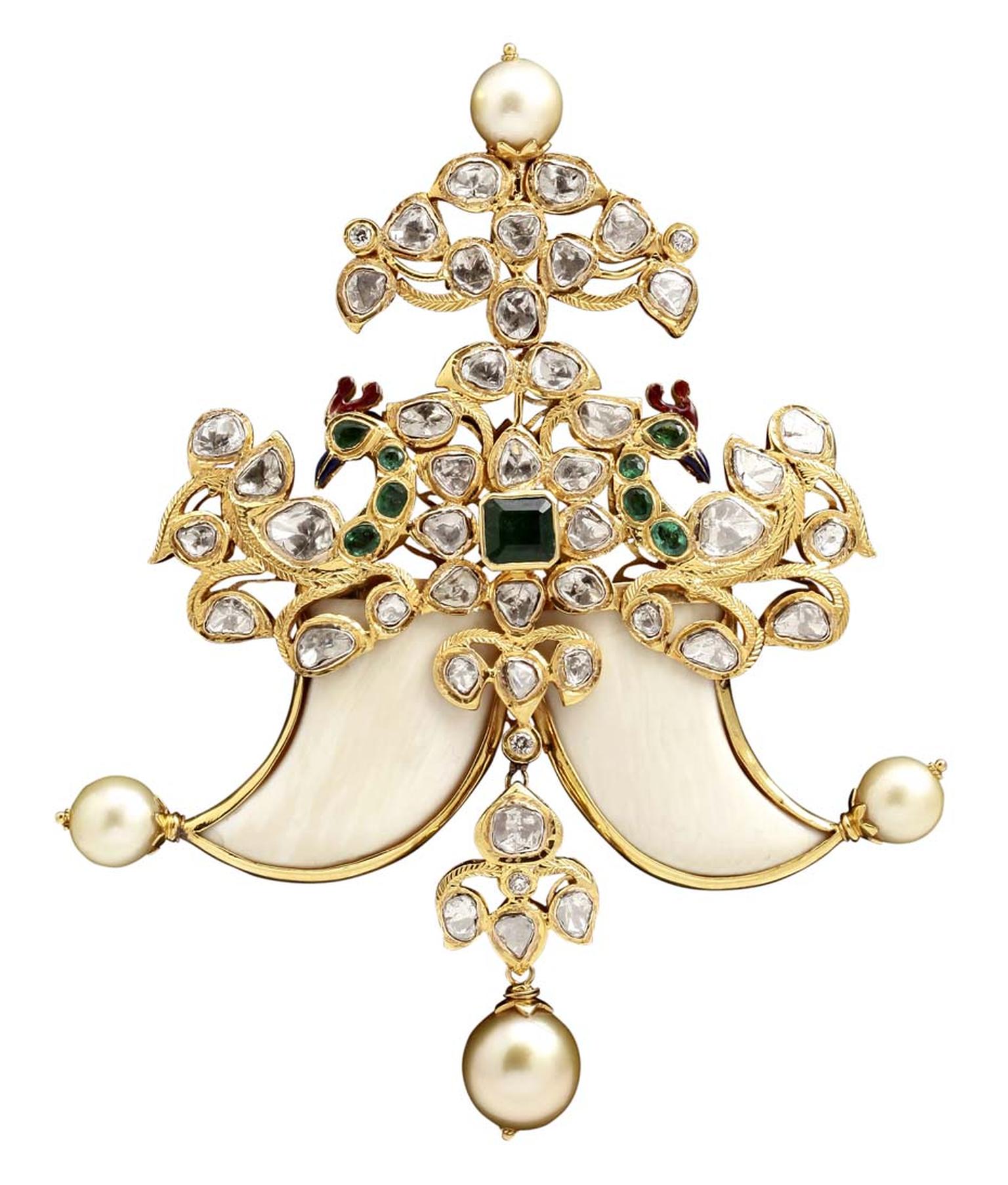 Peacock brooch by Sunita Shekhawat with diamonds, rubies, emeralds, onyx and pearls.