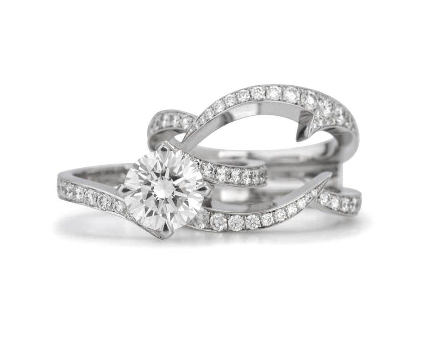 Stephen Webster's Bridal Collection 'Thorn' interlocking engagement ring and wedding diamond band with Forevermark diamonds.