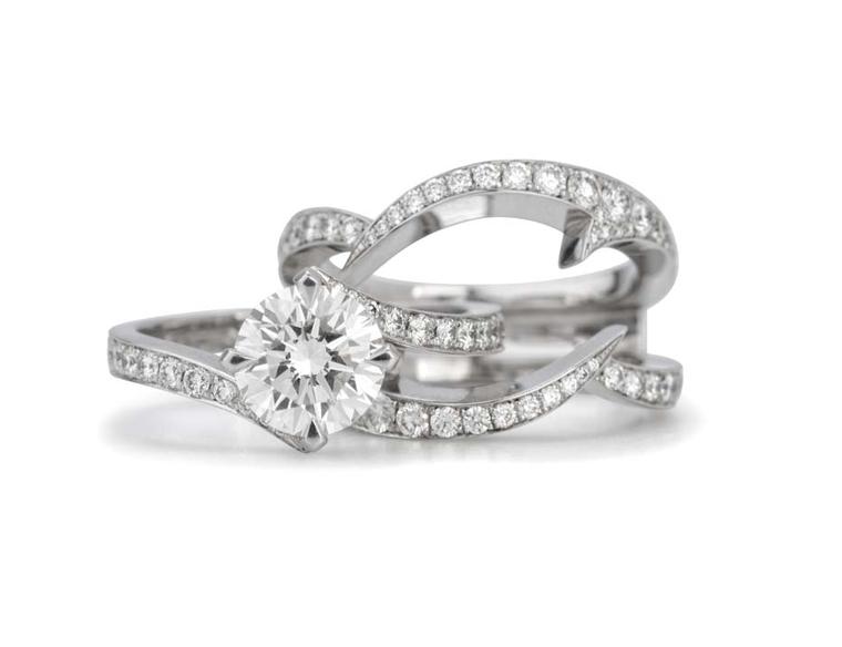 Stephen Webster's Bridal Collection 'Thorn' interlocking engagement ring and wedding diamond band with Forevermark diamonds.