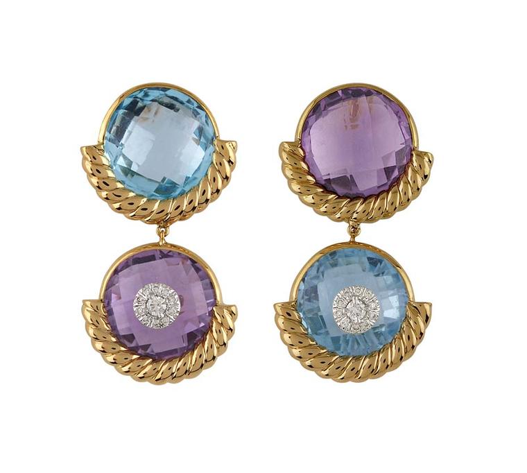 Bina Goenka checker-cut blue topaz and amethyst earrings.