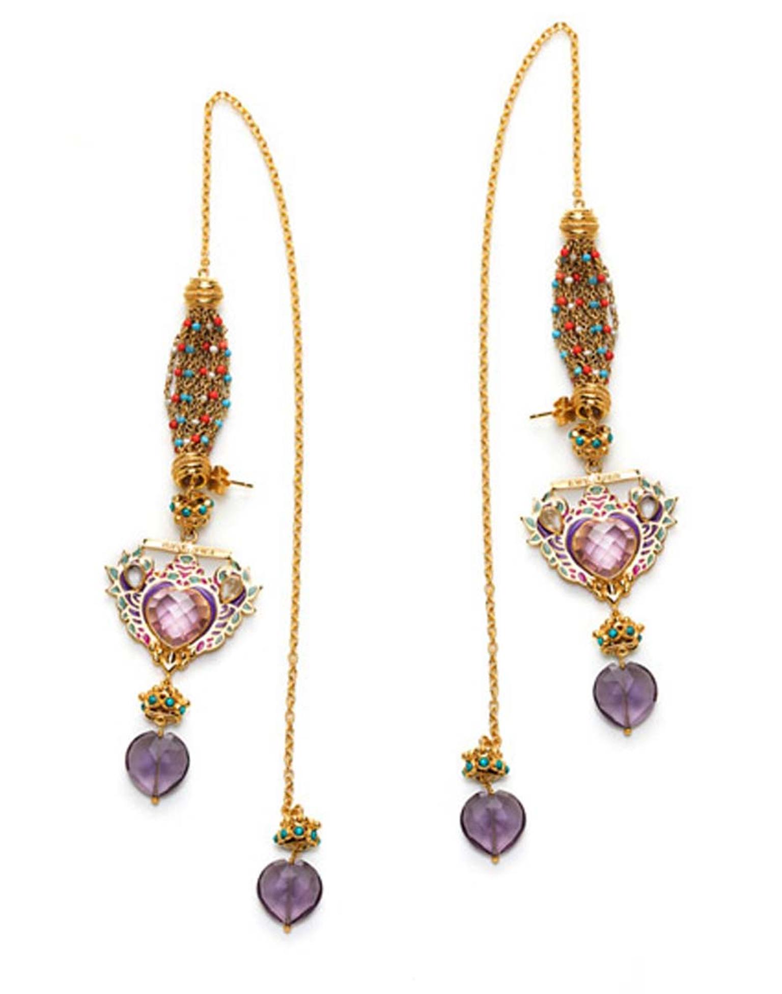 Amrapali Manish Arora earrings with heart-shaped amethysts, enamel work and gold chains.