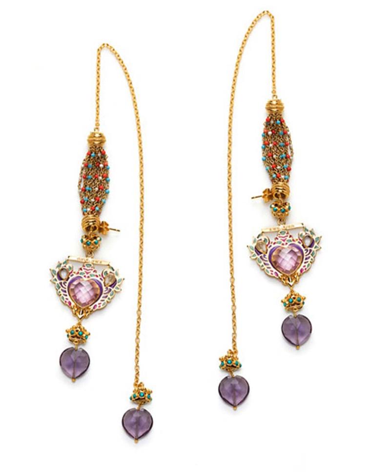 Amrapali Manish Arora earrings with heart-shaped amethysts, enamel work and gold chains.