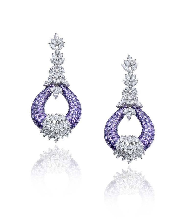 Farah Khan amethyst and diamond chandelier earrings.