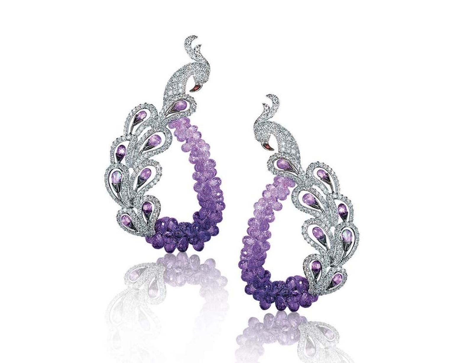 Mirari signature Peacock earrings featuring amethyst briolettes.