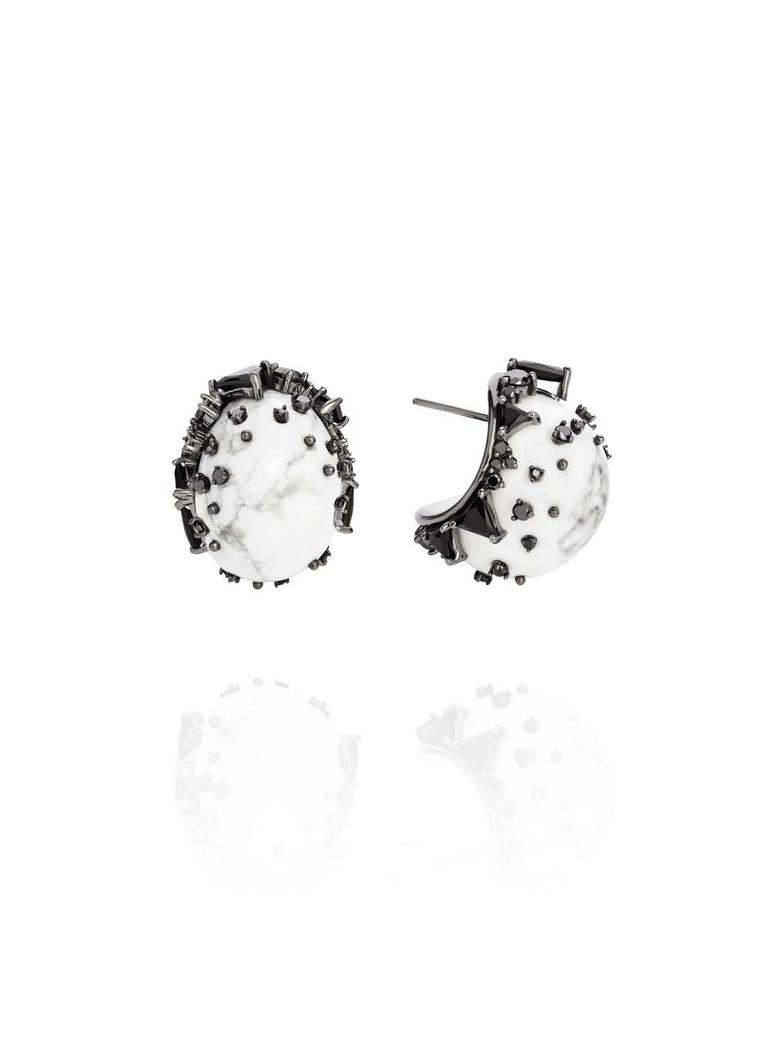 Fernando Jorge Fusion Rounded Earrings in black rhodium plated gold with black diamonds, black jade and and howlite.