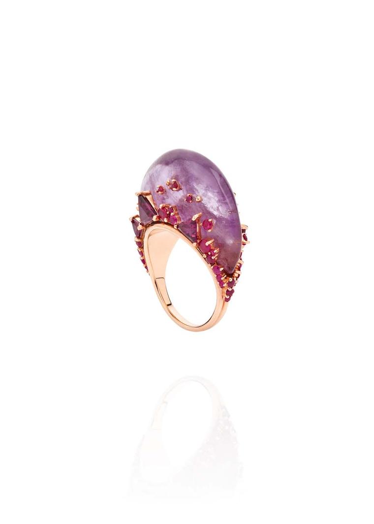 Fernando Jorge Fusion Tall Ring in rose gold with rubies, rhodolites and amethyst.