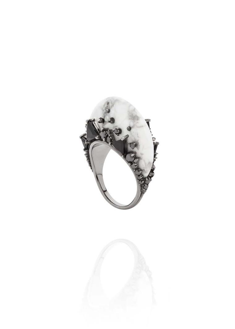 Fernando Jorge Fusion Tall Ring in black rhodium plated gold with black diamonds, black jade and howlite.