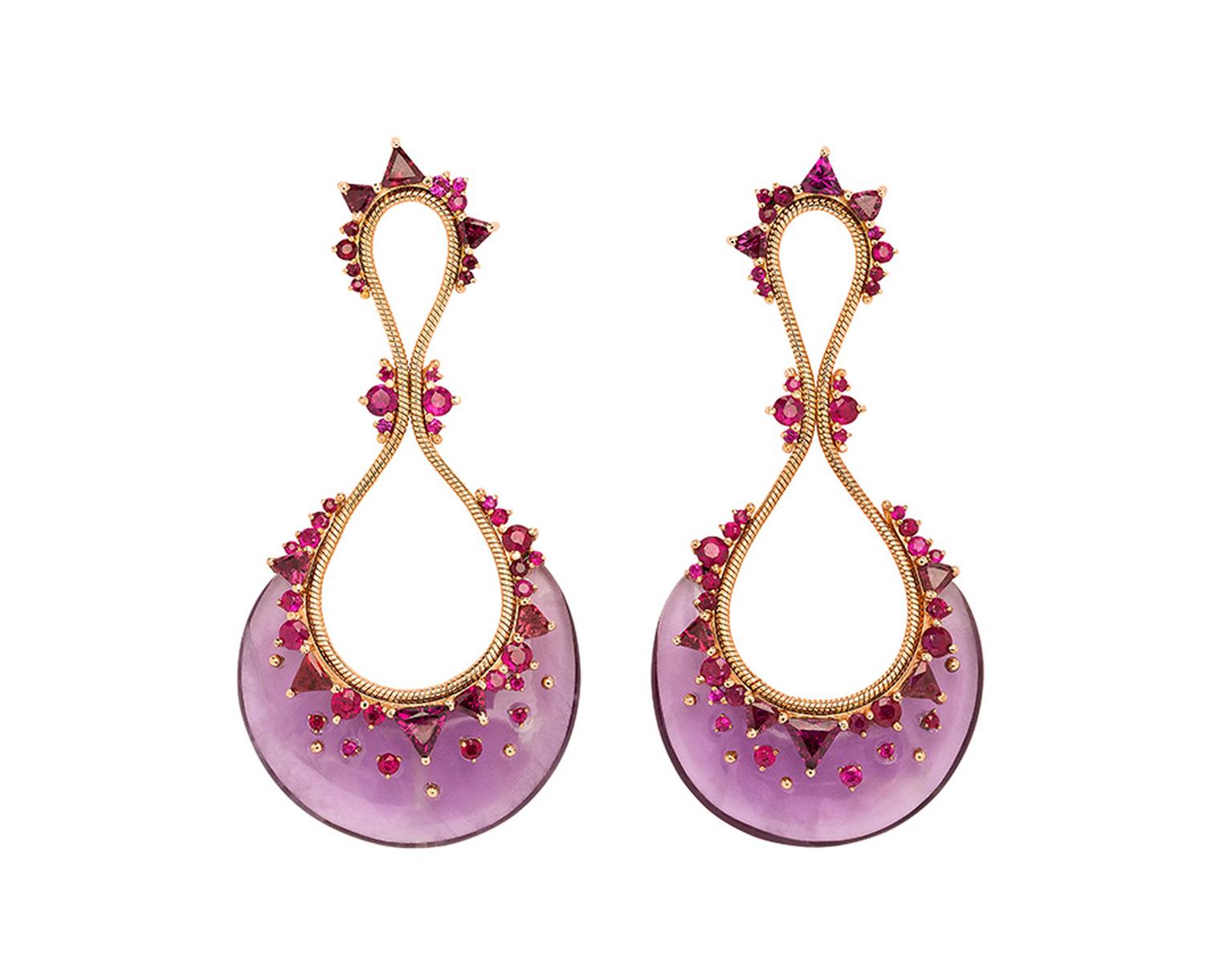 Fernando Jorge Fusion Drop Earrings in rose gold with rubies, rhodolites and amethyst.