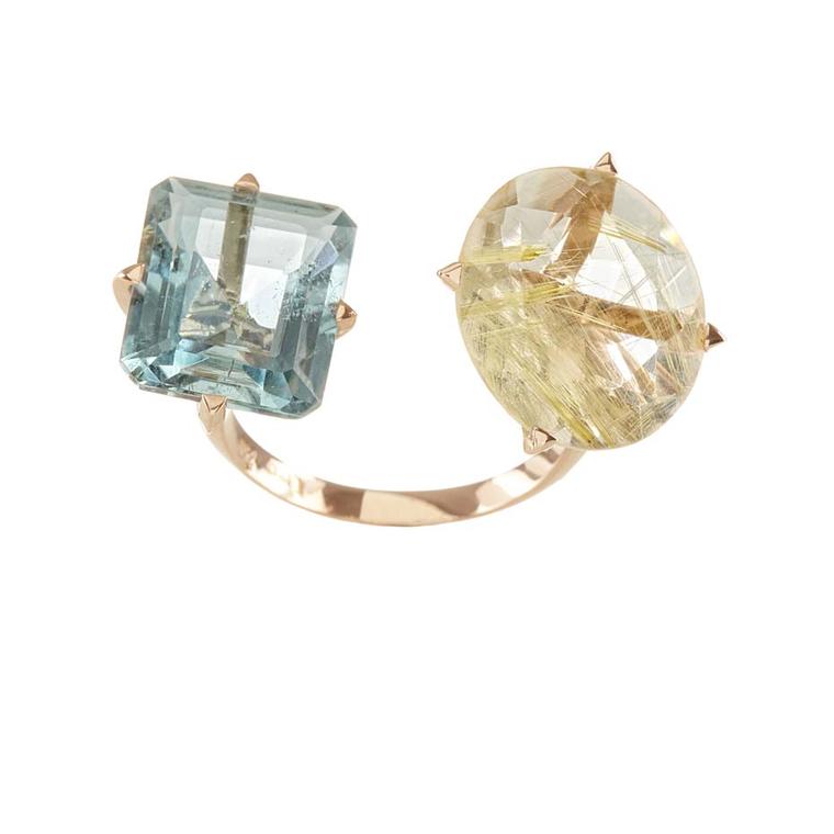 Lito pink gold ring, set with an octagon-cut aquamarine and oval-cut rutilated quartz