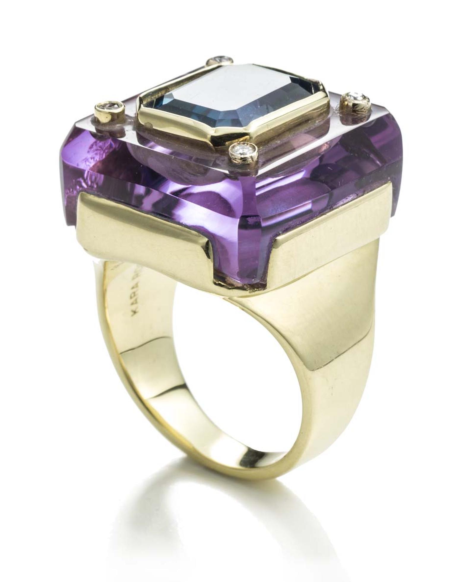 Kara Ross Petra amethyst and blue topaz Inset ring in yellow gold