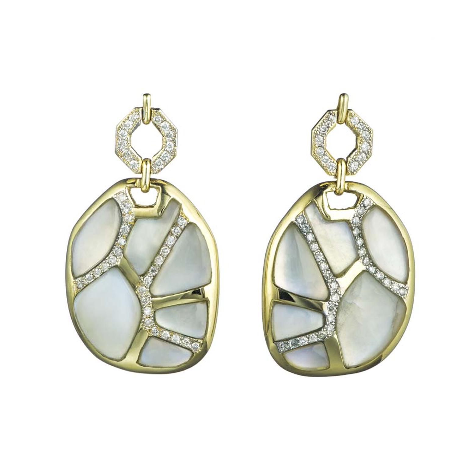 Kara Ross Petra Mosaic Link earrings with rainbow moonstone and diamonds