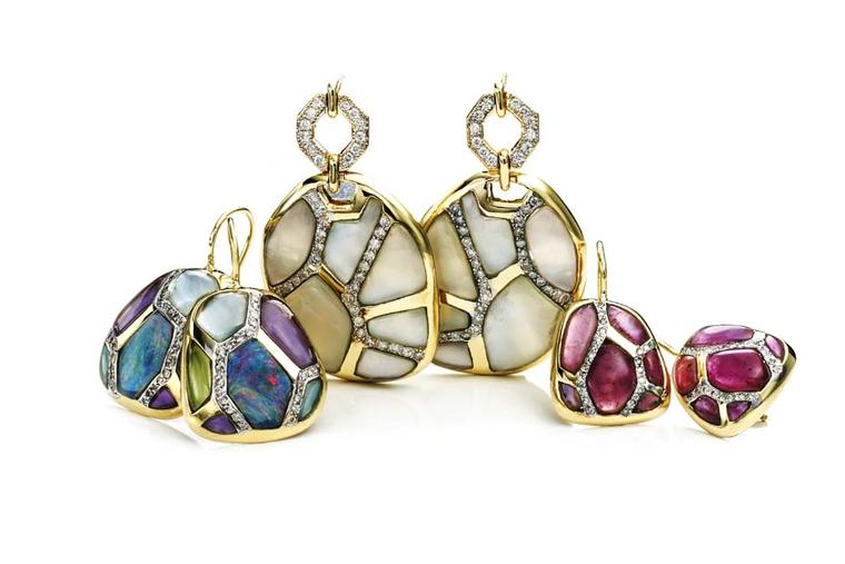 Kara Ross Petra Mosaic Link earrings with different coloured stones