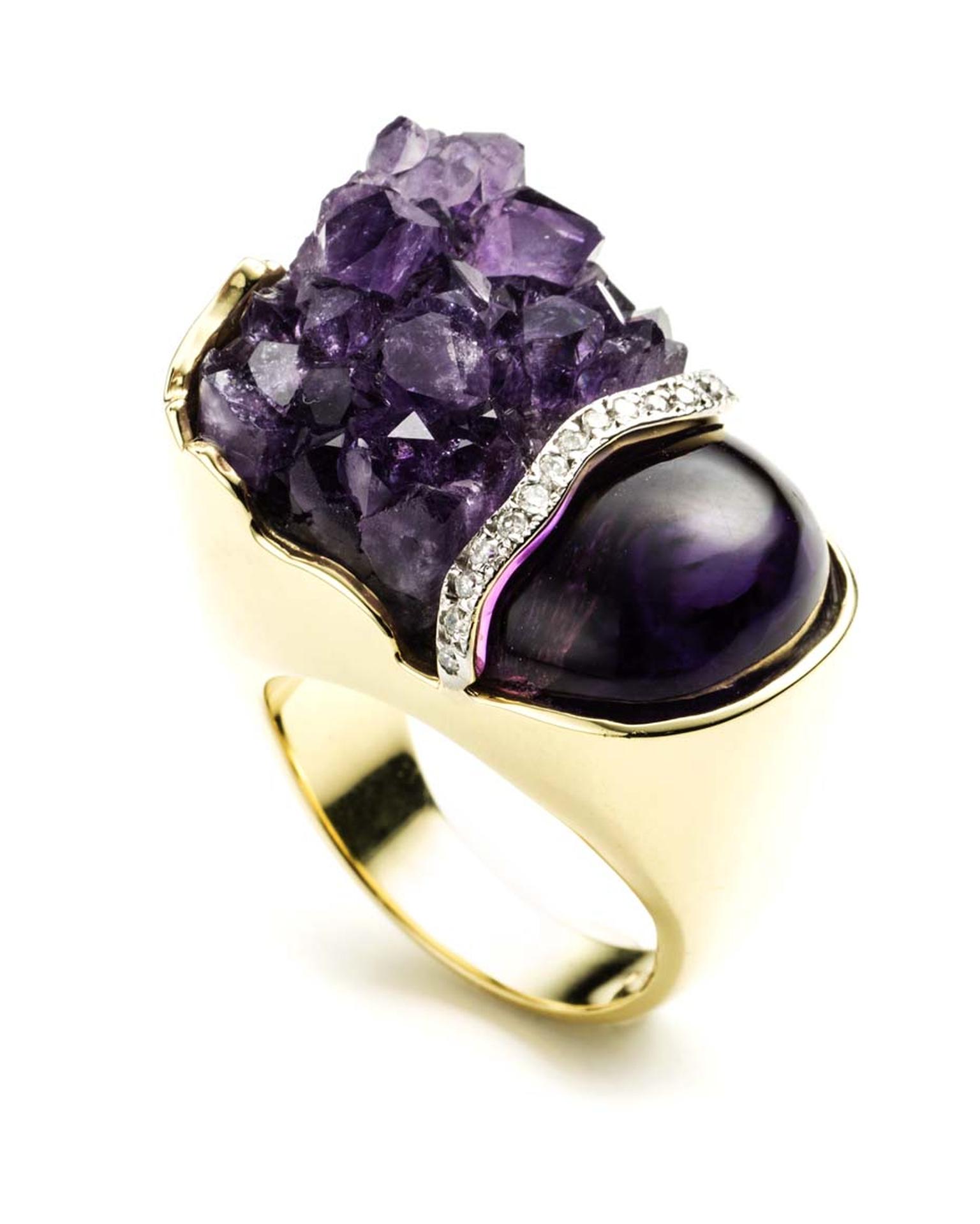 Kara Ross Petra Split ring with raw and smooth amethyst and diamonds
