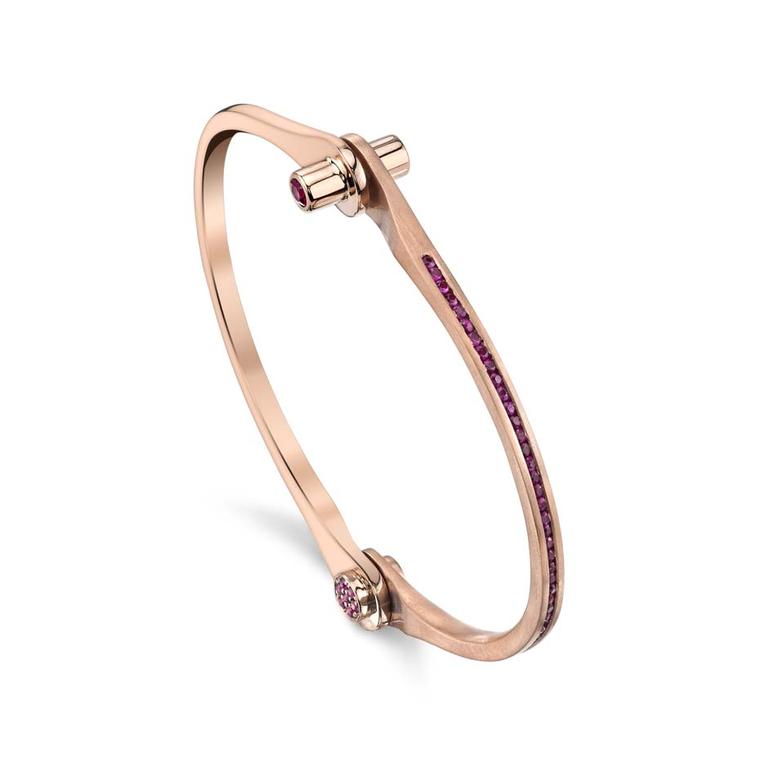 Borgioni's Skinny Handcuff bracelet in pink gold, set with pavé rubies