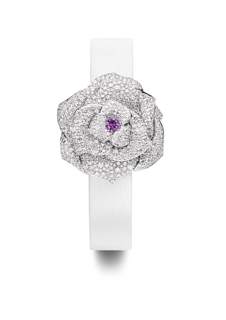 Piaget Rose Passion watch in white gold with diamond petals and a centre bud of pink sapphire