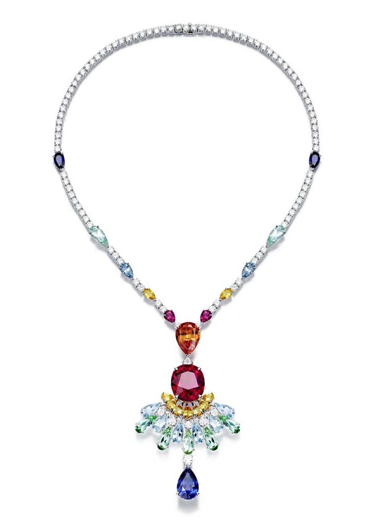 Piaget Rose Passion necklace set with an array of vivid gemstones, including aquamarines, rubellites and topaz