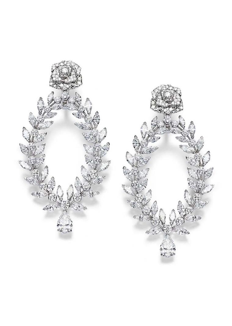Piaget Rose Passion earrings in white gold, designed to look like laurel branches, set with marquise-cut diamonds
