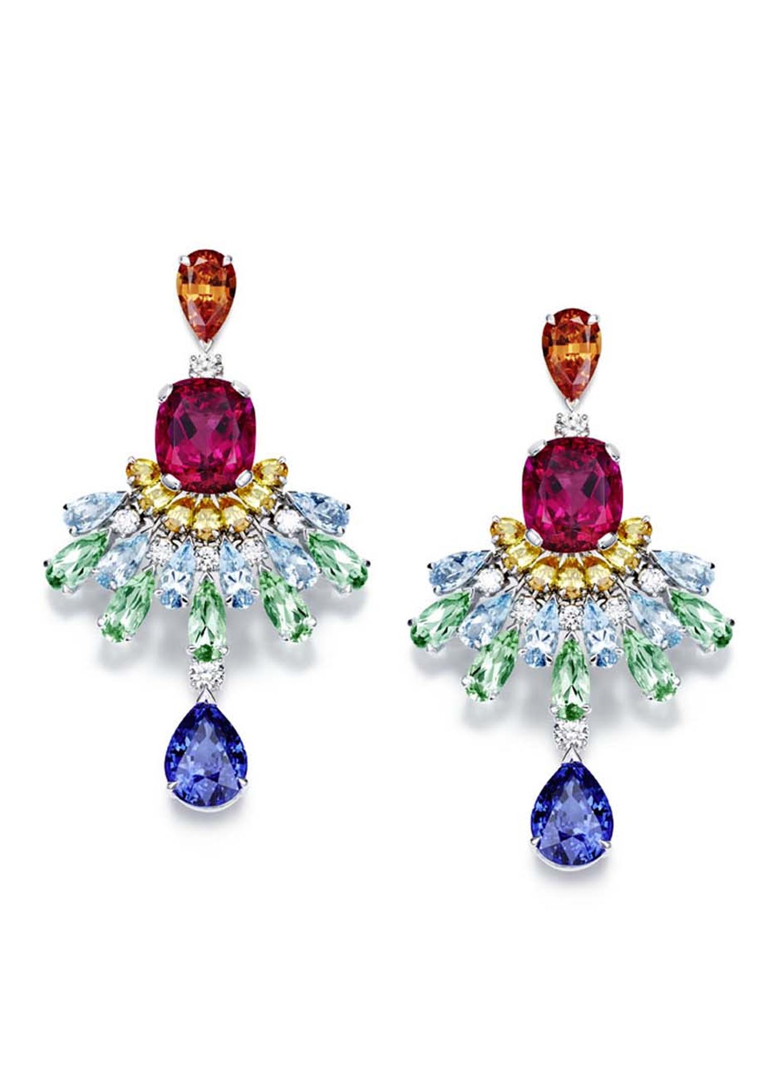 Piaget's Rose Passion earrings are set with a variety of colourful gemstones, including rubellites, topaz and aquamarines