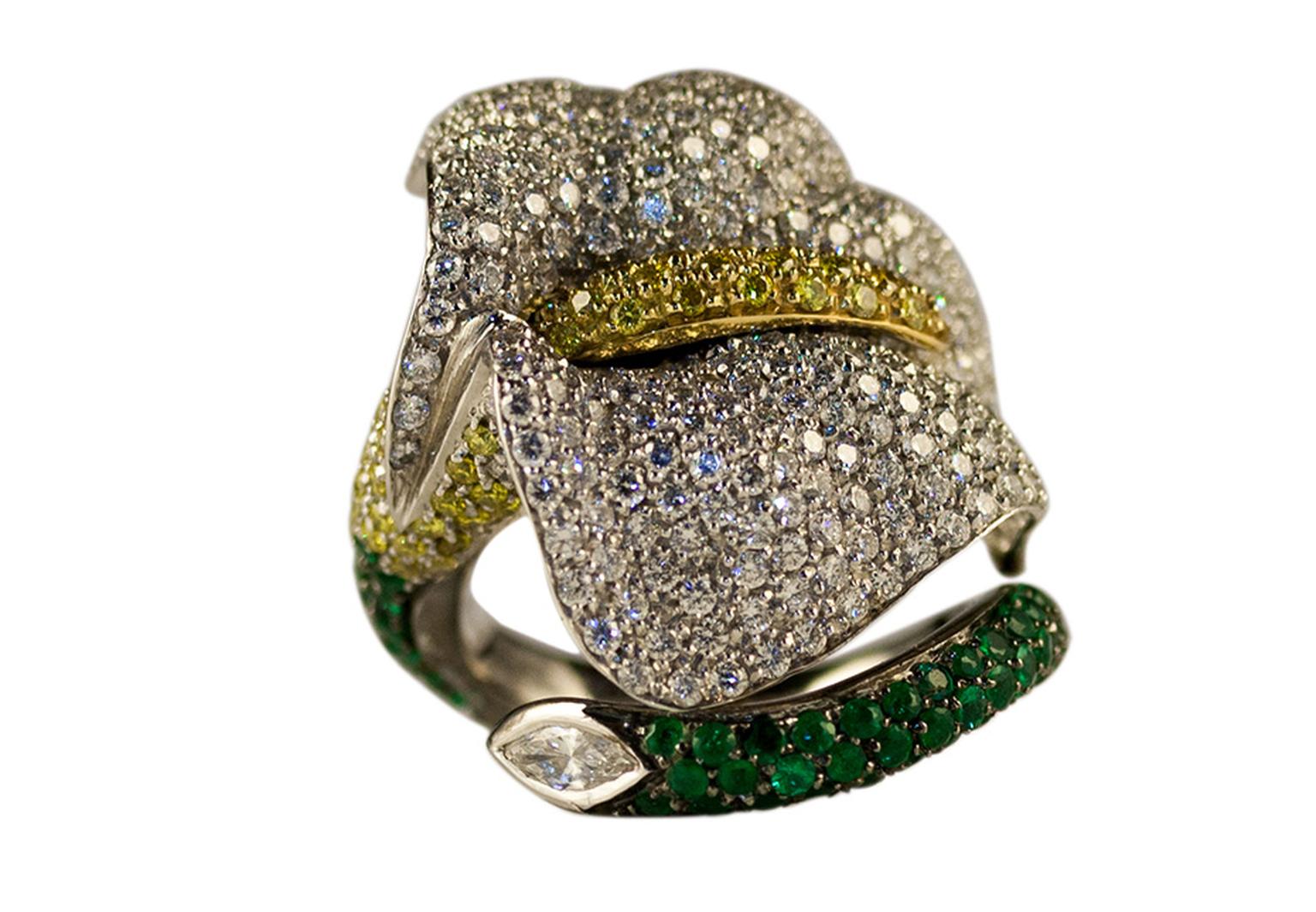 Emily H London's Calla Lily ring in white gold, pavé set with emeralds and white and yellow diamonds