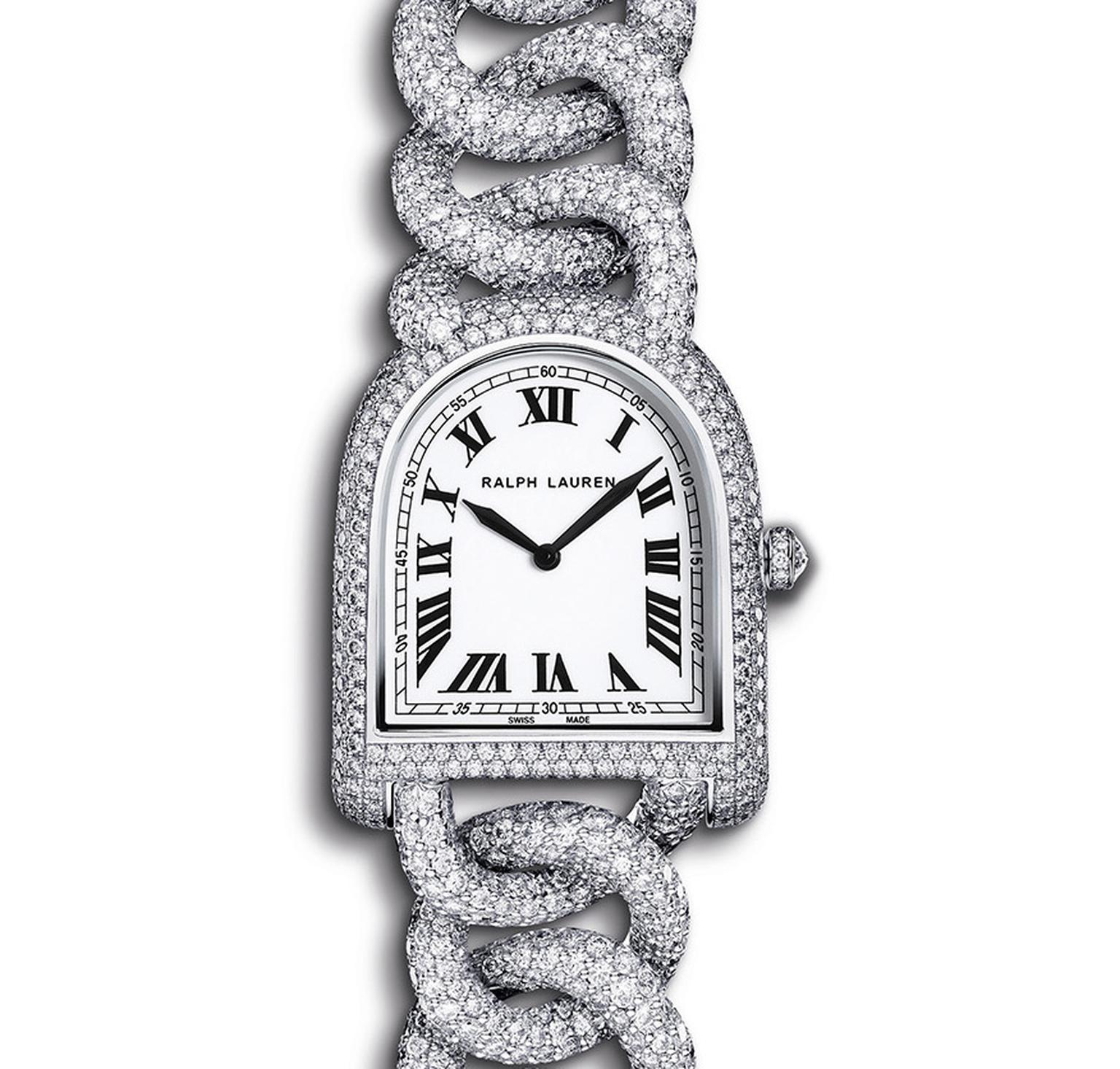 Ralph Lauren Petite Link watch in white gold, fully pavéd with diamonds