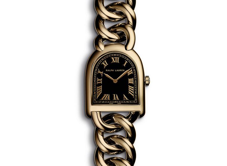 Ralph Lauren Petite-Link Stirrup watch in rose gold, with a black lacquered dial