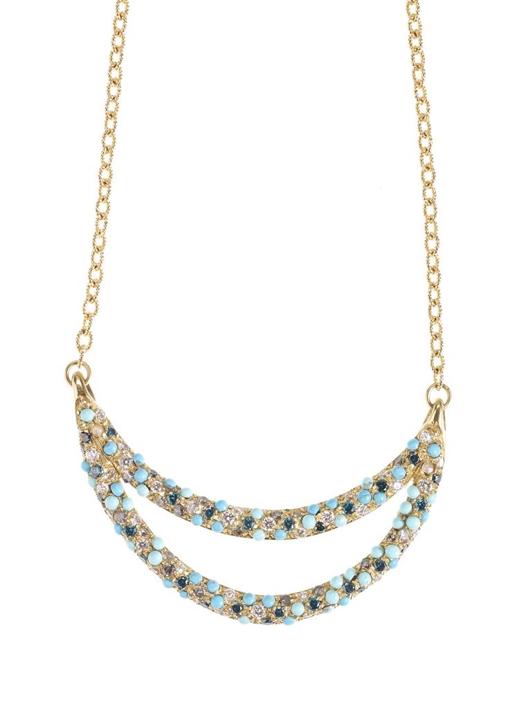 Carolina Bucci gold Smile necklace with multi-coloured gemstones