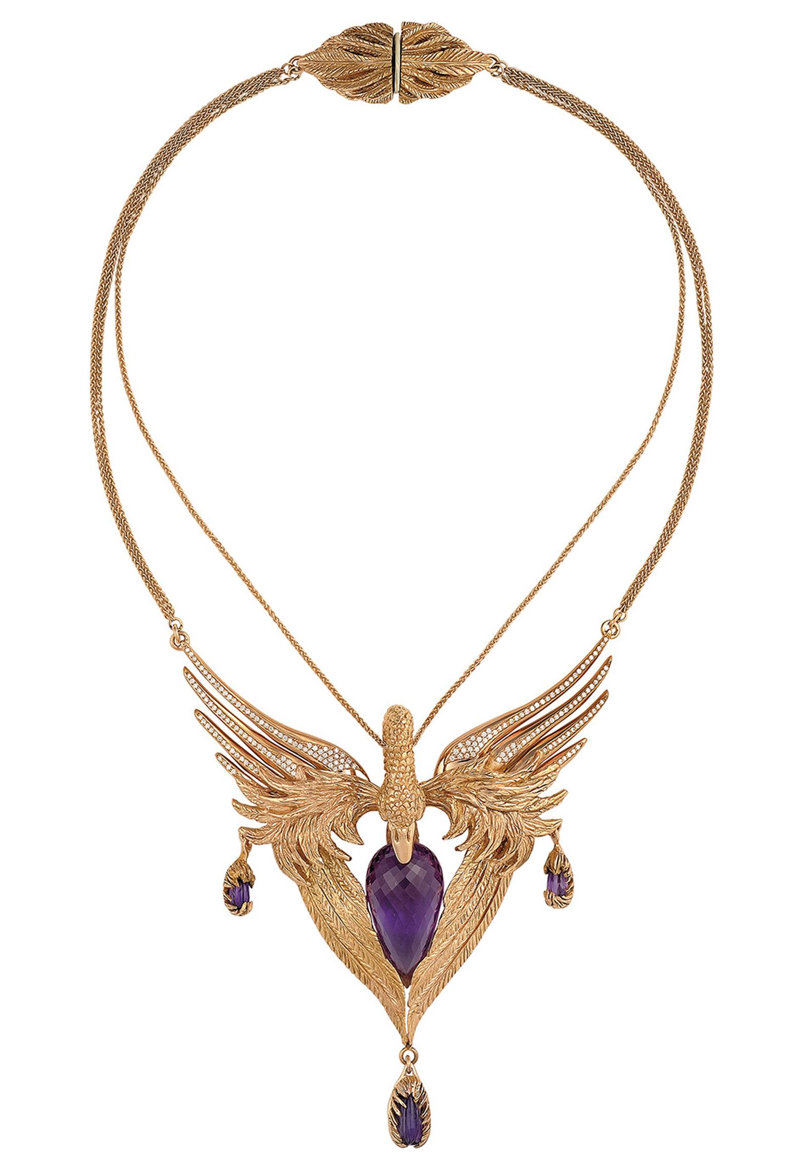 Duffy for Gemfields Swan collar necklace in rose gold, set with Gemfields amethysts