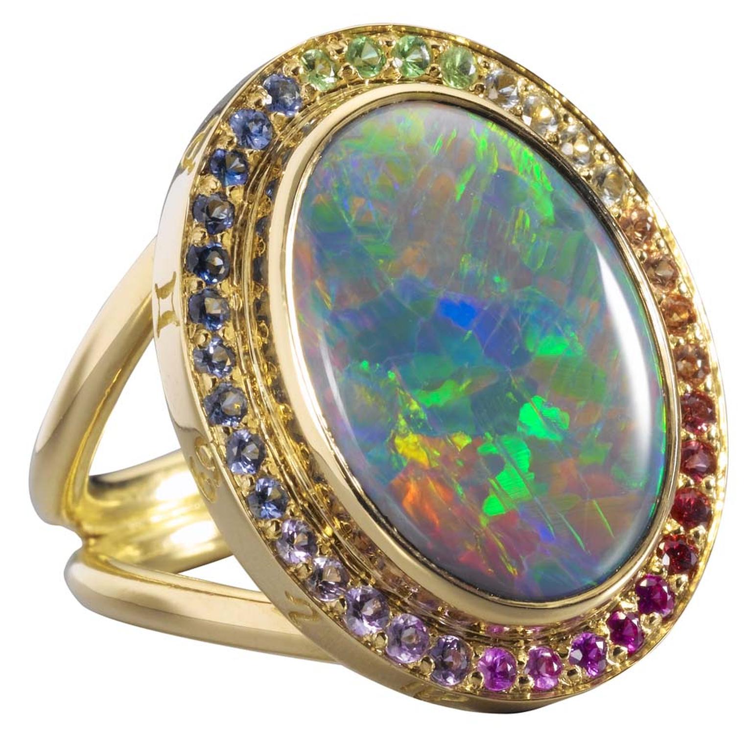 Temple St. Clair gold Astrid ring with black opal and mix colour sapphire