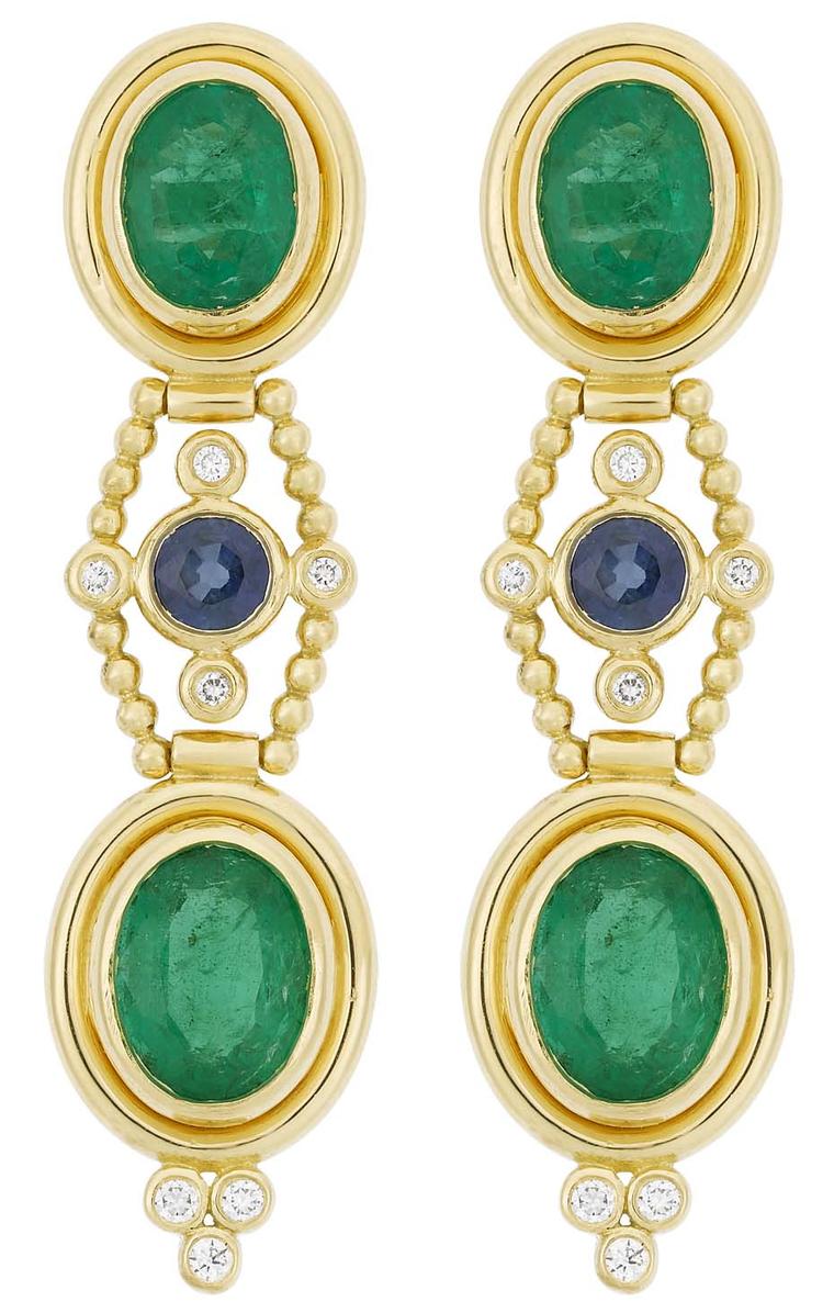 Temple St. Clair gold Theodora earrings with emerald, sapphire, and diamond earrings