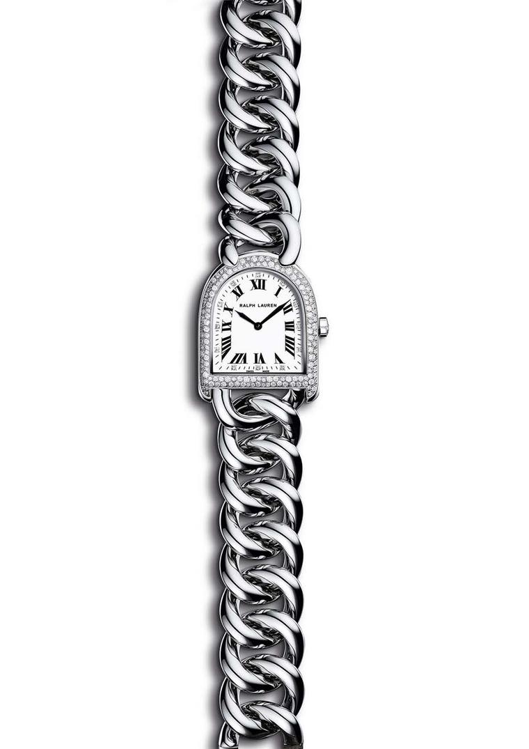 Ralph Lauren Stirrup Petite-Link bracelet watch in steel with a mother-of-pearl dial and snowfall diamond setting.