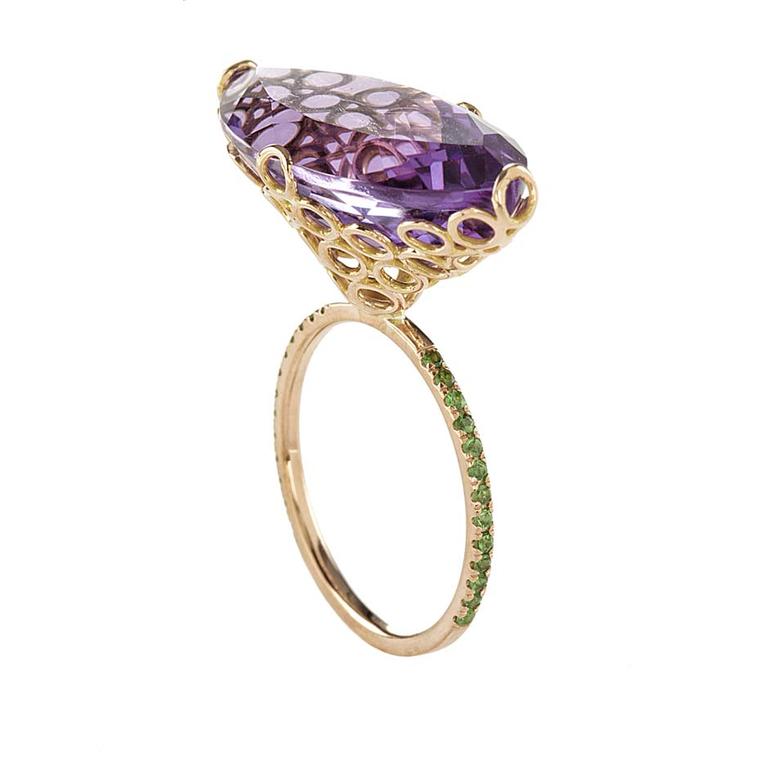 Lito pink gold ring with a 14.5ct marquise-cut amethyst and brilliant-cut tsavorites