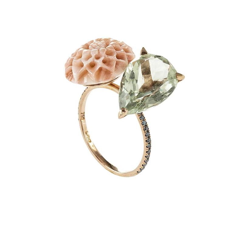 Lito pink gold ring with a 2.5ct green pear-cut amethyst, coral dahlia and blue brilliant-cut diamonds