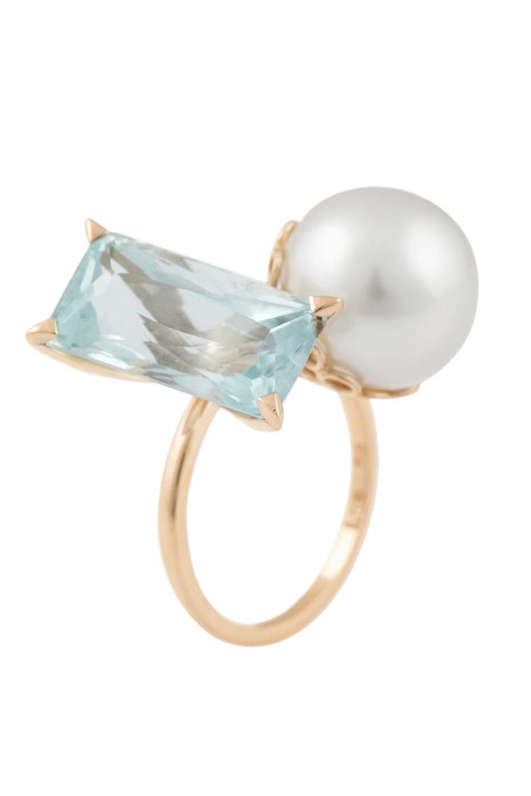 Lito pink gold ring with an 8.2ct octagon-cut aquamarine and Tahitian pearl