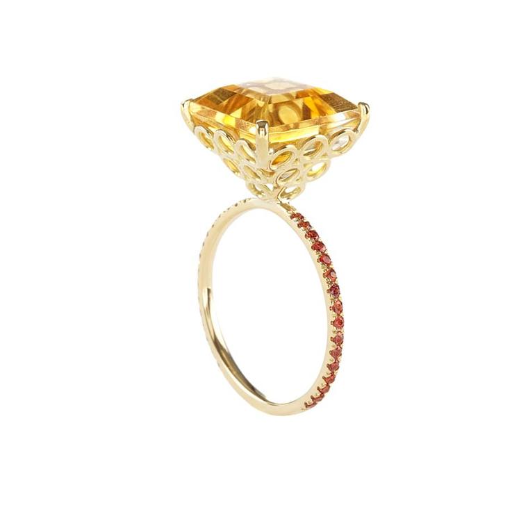 Lito yellow gold ring with a 7.5ct square-cut citrine, brown brilliant-cut diamonds and orange brilliant-cut sapphires