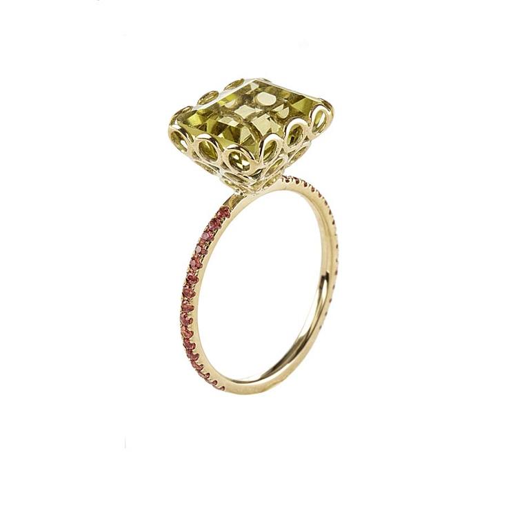 Lito yellow gold ring with a 4.5ct baguette-cut lemon quartz and orange brilliant-cut sapphires