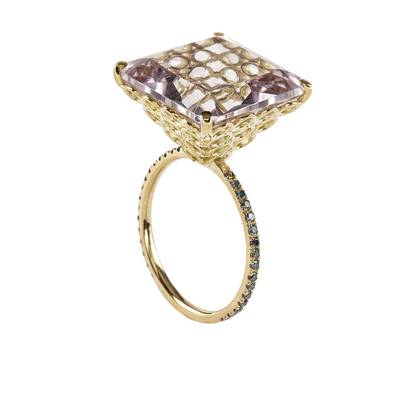 Lito yellow gold ring with a 13.6ct pink princess square-cut amethyst and blue diamonds