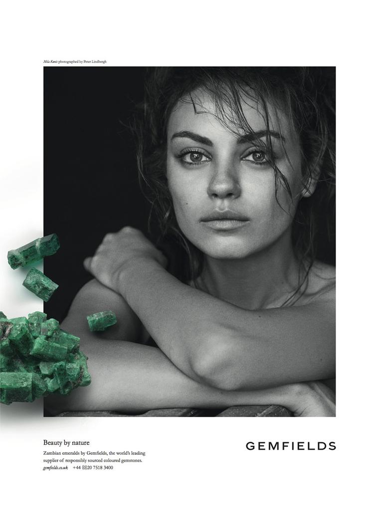 Shot entirely in black and white, Gemfields' new ad campaign stars the coloured gemstone producer's global ambassador, the Hollywood actress Mila Kunis