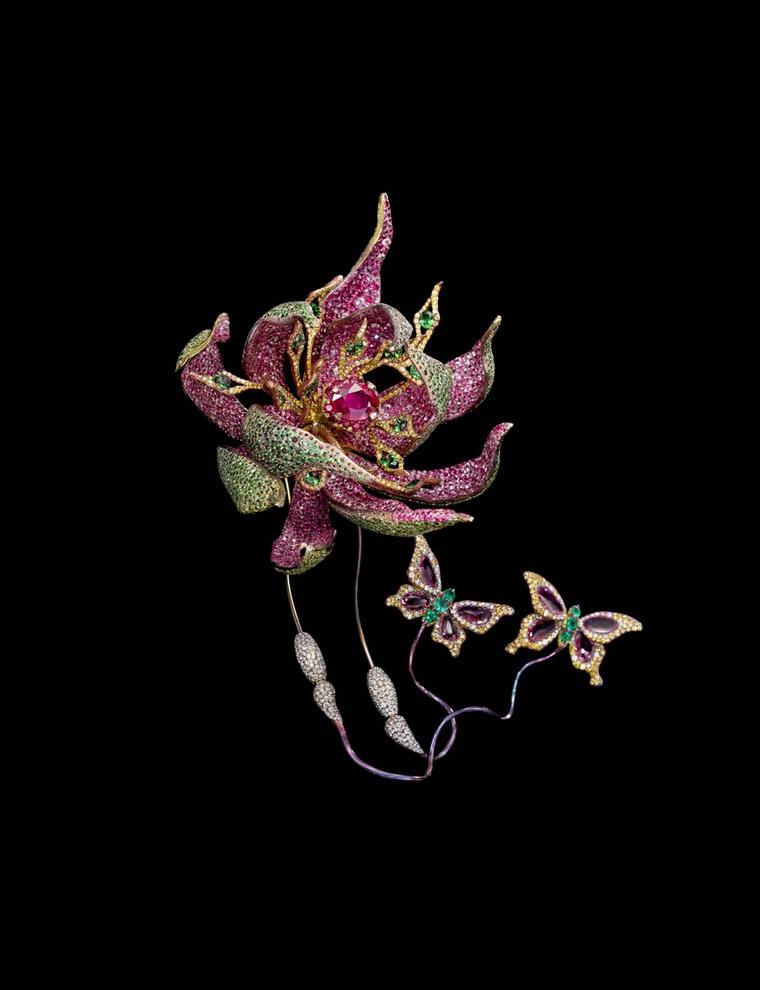 Wallace Chan Fleur de la Dynastie Tang brooch with rubies, yellow diamonds, pink sapphires, tsavorites, garnets, emeralds and diamonds